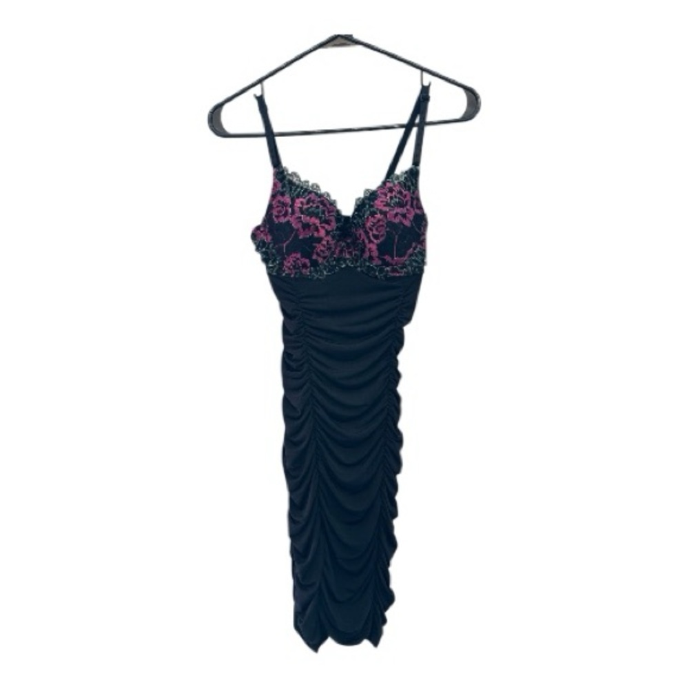 Vintage Y2K Body Central Black and Pink Lace Bustier Bodycon Midi Dress Small